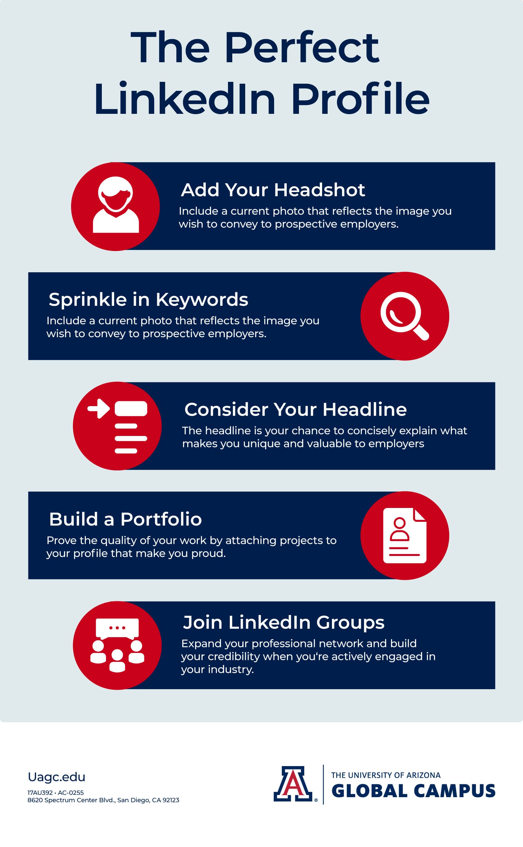 How to Make a Good LinkedIn Profile 5 Elements Infographic UAGC