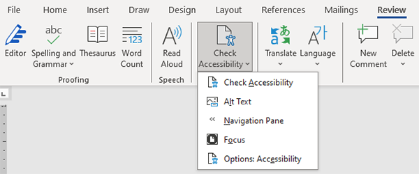 header of Microsoft word launching dropdown menu for checking accessibility