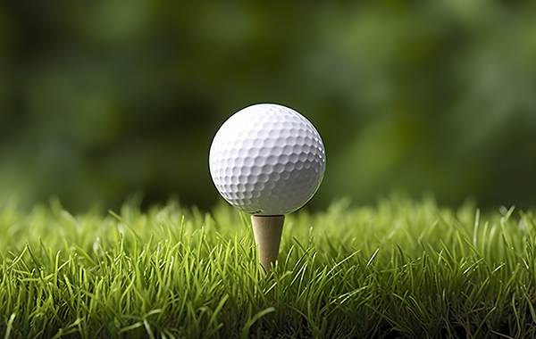 A golf ball positioned on the tee, set against lush green grass, waiting to be hit on a golf course.