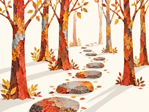 Stepping-stone path winding through a forest, symbolizing small steps, healthy routines, and progress over time.