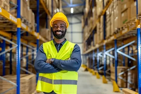 man wearing a hard hat smiling in a warehouse