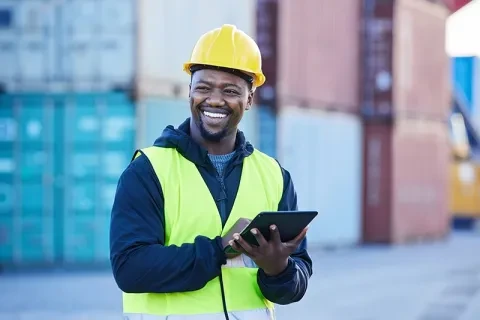 man smiling with hard hat in a shipping yard