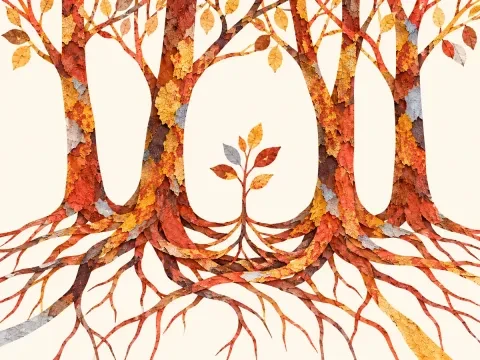 Young sapling surrounded by mature trees with interconnected roots, symbolizing support, resilience, and healthy growth.