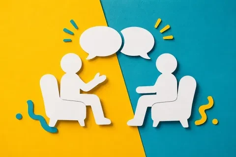 an illustration of two cut out people talking on lounge chairs.