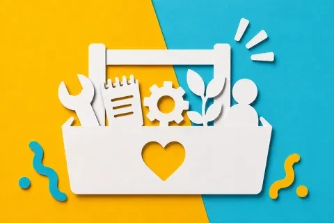 Paper-cut illustration of a toolbox filled with resources, symbolizing healthy coping skills, communication, and support for managing stress and relationships.