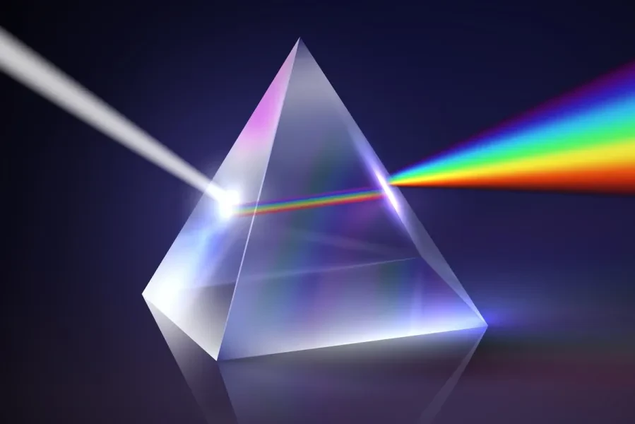 A clear prism with a light coming in and being diffracted into a rainbow