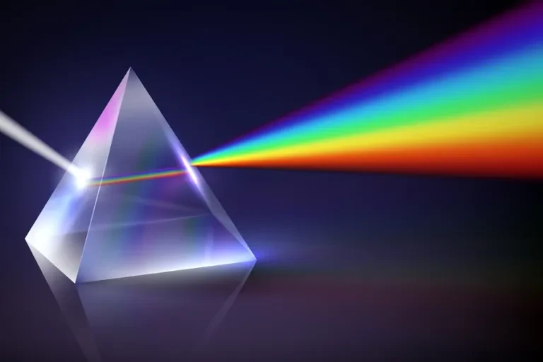 A clear prism with a light coming in and being diffracted into a rainbow