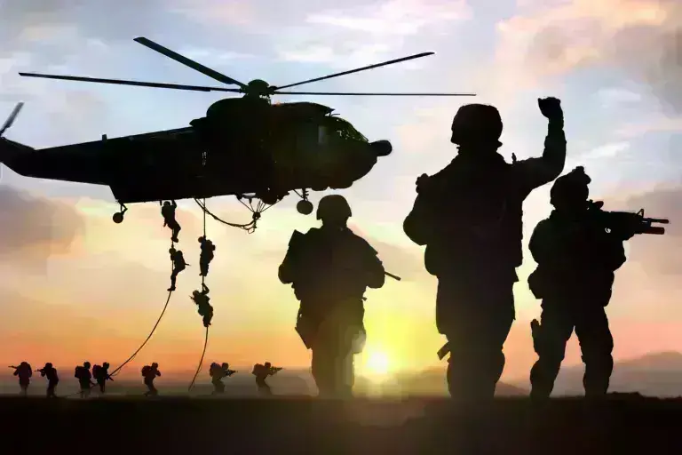 Soldiers and helicopter